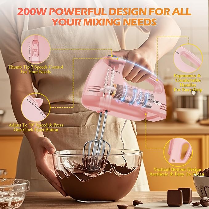 WADODO 7-Speed Electric Hand Mixer – Portable Food Mixer Kitchen Mixer with 304 *(1x Whisk, 2x Beater, 2x Dough hook) for Baking Cakes, Cream, Cookies, PINK
