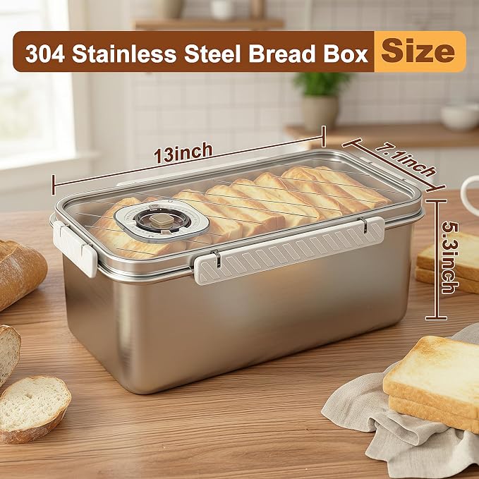 Gifhomfix Bread Box 304 Stainless Steel Bread Storage Container, Dishwasher Safe Bread Box for Homemade Bread, Time Recording Bread Container with Lid