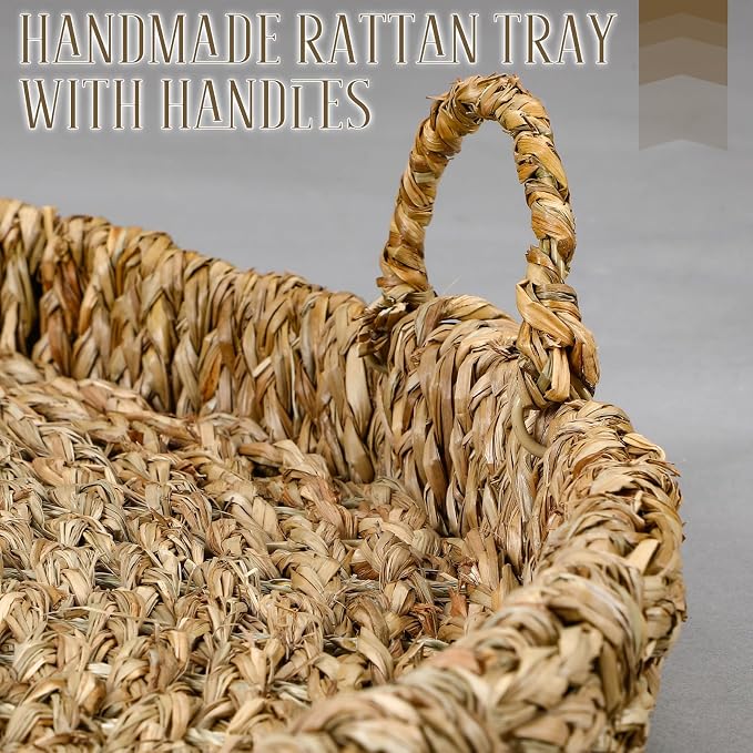 Large 15.7 Inches Rattan Round Serving Tray with Handles Round Braided Bankuan Basket with Handles for Decorative Coffee Table Fruit Bread