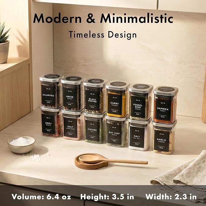 Glass Spice Jars with Labels and Steel Lids (12 x 6.4oz) Spice Containers with 160 Label, Steel Funnel, Shaker Inserts, Empty Square Seasoning Organizer for Spice Rack, Cabinet, Drawer