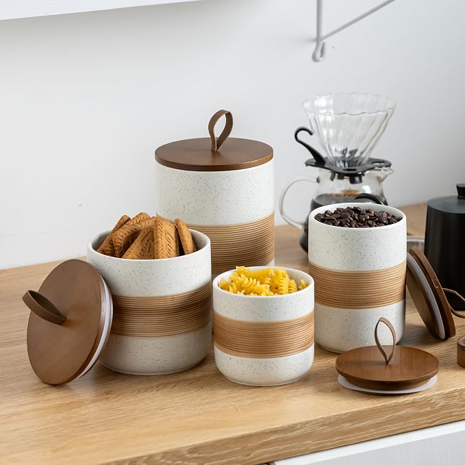 Miamolo Coffee Container Jar with Lid, Ceramic Kitchen Food Storage Jars for Spice Sugar Cookie, Stackable Decorative Jars for Coffee Bar, White & 28 fl.oz