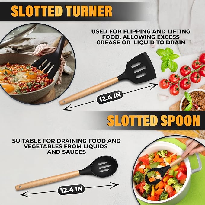 14 Pcs Black Kitchen Utensils Set with Holder for Nonstick Cookware | Silicone Cooking Utensils Set for BBQ; Heat-Resistant Tools with Wooden Handles for Baking, Serving, Frying, and Mixing