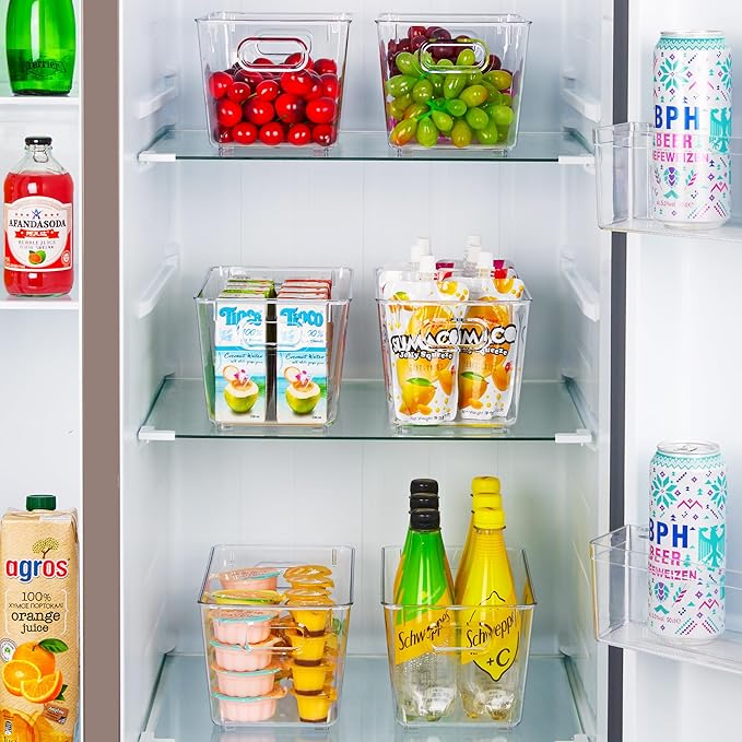 Vtopmart 2 Pack Clear Storage Bins, Pantry Cabinet Organizer Bins, Medium | Plastic Pantry Storage Bins with Handle, Storage Containers for Fridge, Cabinet, Kitchen, Countertops, Cupboard, Freezer
