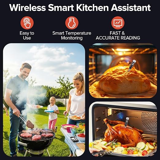 Smart Wireless Meat Thermometer with Dual Probes - Advanced Bluetooth Cooking Thermometer for Perfect Grilling, Smoking, Oven Roasting & Air Frying, Long Range Monitoring & Smart Alerts（Black