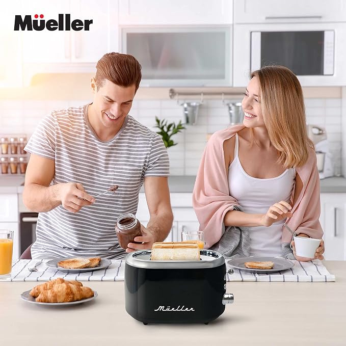 MUELLER HOME Retro Toaster 2 Slice, 7 Browning Levels | 3 Functions (Reheat, Defrost, Cancel), Stainless Steel Features, Removable Crumb Tray, Under Base Cord Storage,