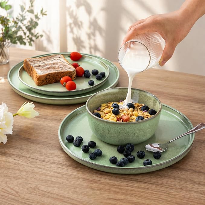 GBHOME Dinnerware Sets for 6, 24 Pieces Ceramic Plates and Bowls Set | Scratch Resistant Stoneware Dishes Set, Dishwasher & Microwave Safe, Reactive Glaze-Pastel Green
