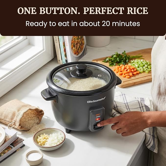 Elite Gourmet ERC6GC Ceramic Rice Cooker, PFAS-Free Non-Stick, Gray | 6-Cup Capacity - Ceralast Coating - Tempered Glass Lid - One-Touch Cooking - Includes BPA-Free Measuring Cup and Spatula