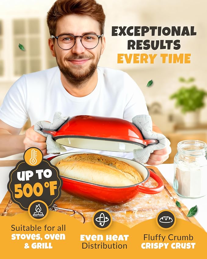 2 QT Oval Cast Iron Dutch Oven for Bread Baking with Lid & Kit | Dutch Oven for Sourdough Bread Baking, Enameled Cast Iron, Banneton, Bread Sling, Lame, Dough Whisk & Instruction Guide