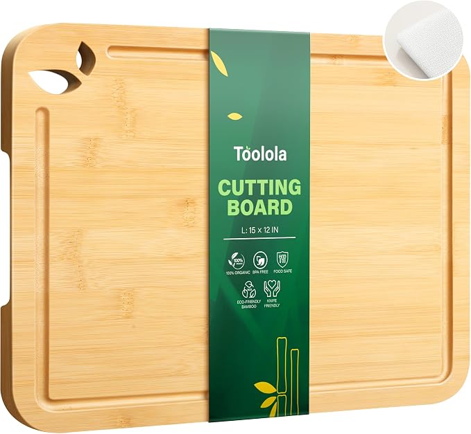 Bamboo Cutting Boards for Kitchen, Wooden Cutting Boards, 15 x 12 inch | Knife-Friendly Chopping Boards with Silicone Mat, Charcuterie Boards with Side Handles and Juice Grooves