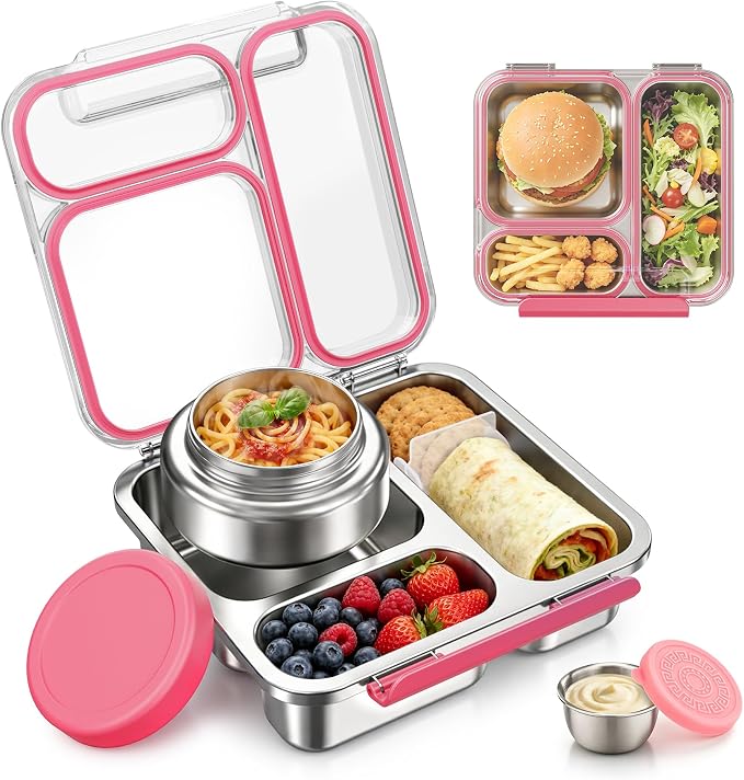 Pawtong Stainless Steel Bento Box Kids Adult with 7oz Insulated Food Jar, Transparent Lid Metal Lunch Box With Soup Thermal Jar, Lunch Box Container with Removable Divider & Sauce Cup School (Pink)