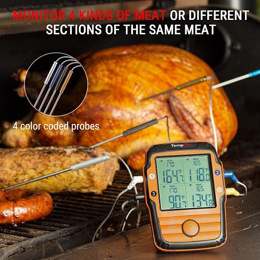 TempPro TempSync 1000FT Wireless Meat Thermometer for Grill with 4 Probes | RF Technology, Alarms, Large Digital Backlit Display, Stainless Steel Probe, Smoker, BBQ, Grill Cooking Gift
