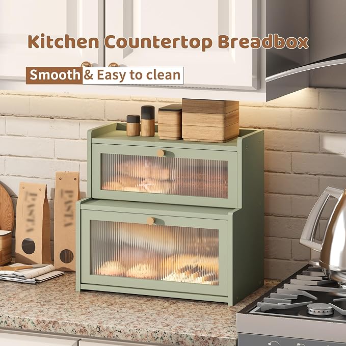 Bread Box for Kitchen Countertop Double Layer Large Corner Bread Box Capacity Bread Storage Bin Farmhouse Breadbox Container Organizer Cabinet Cupboard (Green)