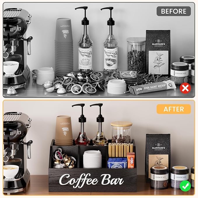 2 Pack Coffee Station Organizer for Countertop – Wooden Coffee Bar Organizer with Adjustable Dividers,Holds K Cup Pod & syrup bottles, for Kitchen, Office, or Bar and Tea Station, Black
