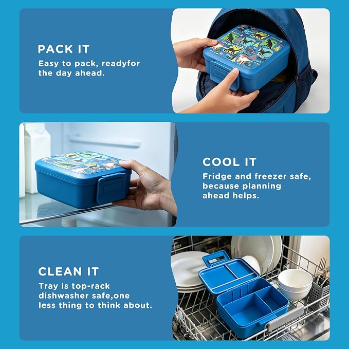 JXXM Bento Lunch Box for Kids With 8oz Soup thermo,Leak-proof Lunch Containers with 5 Compartment,thermo Food Jar and Lunch Bag, Food Containers for School (A-Blue(Dinosaur))