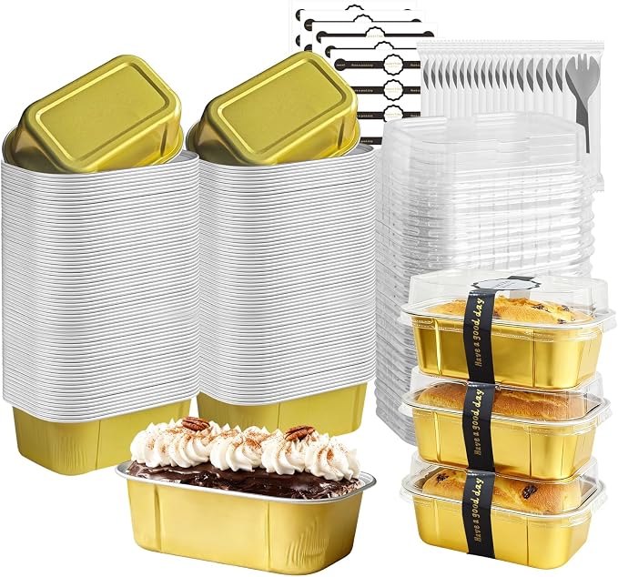 Mini Cake Pans With Lids And Spoons,5.5 oz Rectangle Mini individual Loaf Pans Disposable Aluminum Foil Small Baking Cups Tins (200, Gold)