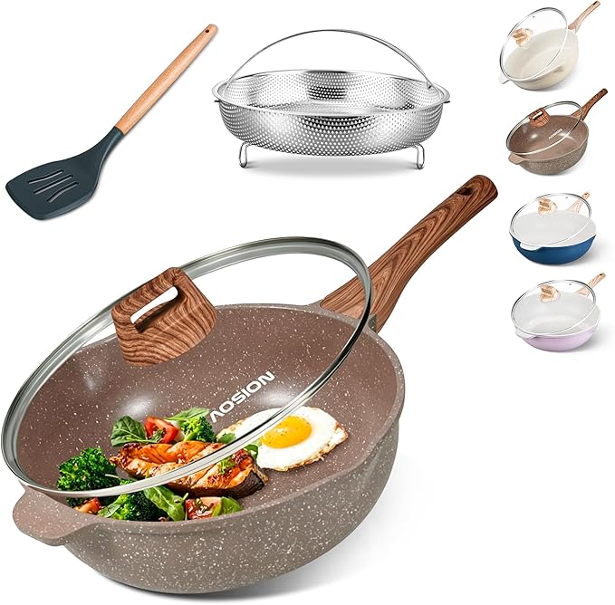 AOSION 11 Inch Nonstick Ceramic Deep Frying Pan, Large Ceramic Skillet. | With Lid & Steam Rack, 5QT Sauté Pan, Stay Cool Handle, Induction Compatible, PFOA & PFAS Free