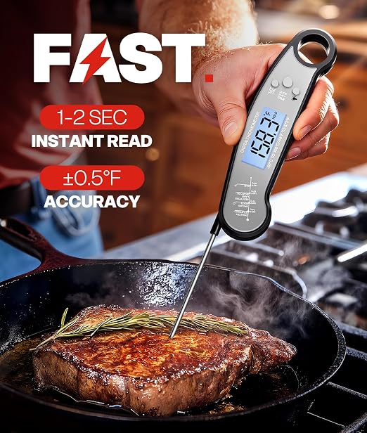Meat Thermometer Digital, Food Thermometer for Cooking, Black & Grey | Instant Read, for Grilling, BBQ, Air Fryer, Smoker, Candy, Kitchen Gadgets, BBQ Essentials, Gift for Dad, Men, Women