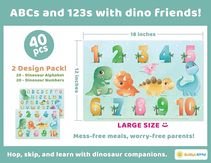 Bright Seed Disposable Placemats for Baby & Toddlers, Learning Mat- Dinos | 40 Disposable Placemats, ABC, Numbers & Animal Learning, Perfect for Restaurants & Travel, Helps Keep Tables Clean