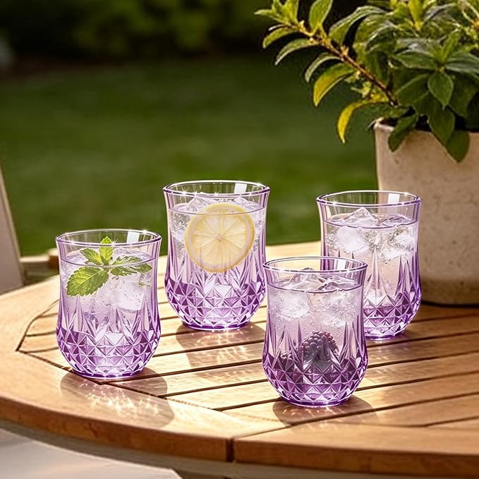 24 Pack 12 Oz Plastic Stemless Wine Glasses, Purple | Unbreakable, Reusable, Elegant Vintage Design, Fancy Cocktail Cups, Whiskey, Champagne, Wedding, Party, Bars, Holiday Events