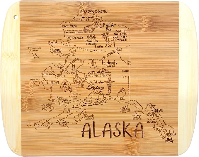 Totally Bamboo A Slice of Life Alaska Engraved Map Cutting Board | 11” x 8.75” charcuterie board with engraved state map artwork. Smooth reverse side for food prep. Hang tie for wall display.