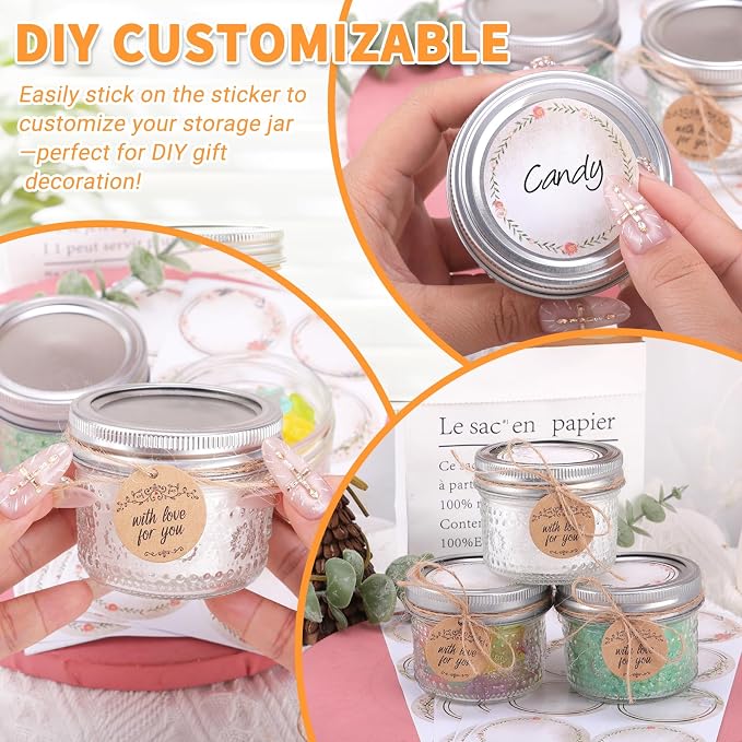 4 oz Small Embossed Mason Jars 24-Pack with Airtight Lids, Leakproof | Mini Canning Jars, Reusable, for Jam/Jelly/Honey, Spices, DIY Candles, Wedding Favors & Gift Packaging
