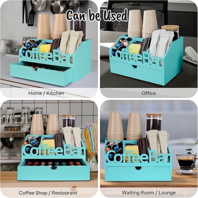 Coffee Bar Organizer Countertop, Wood Coffee Station, Drawer, Turquoise | K-Cups, Tea Bags, Sugar Packets & Creamers