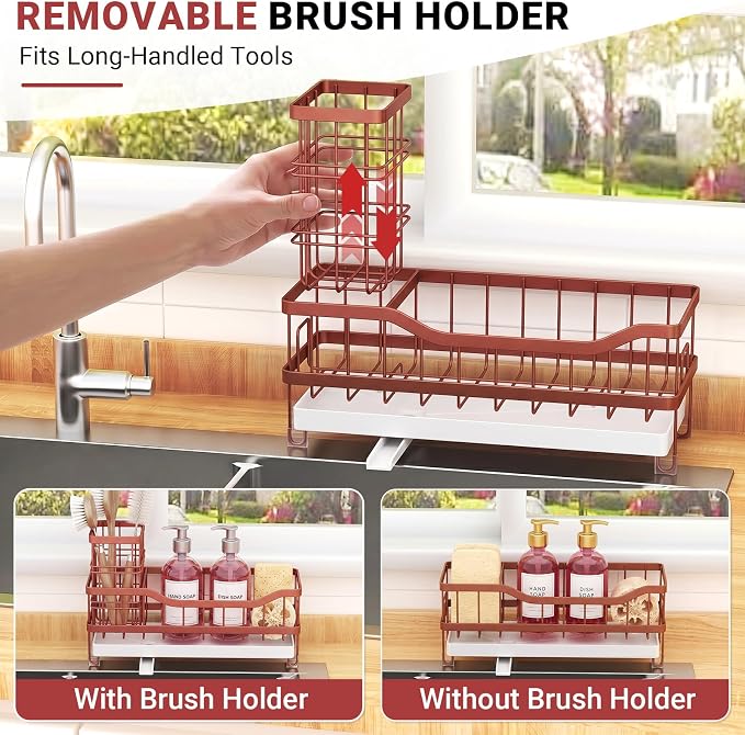 Sink Caddy, Sponge Holder for Kitchen Sink, Brown | Self-draining Sink Organizer with Removable Brush Holder, Metal Sponge Rack for Countertop, Fits Soap Dispenser & Scrubber