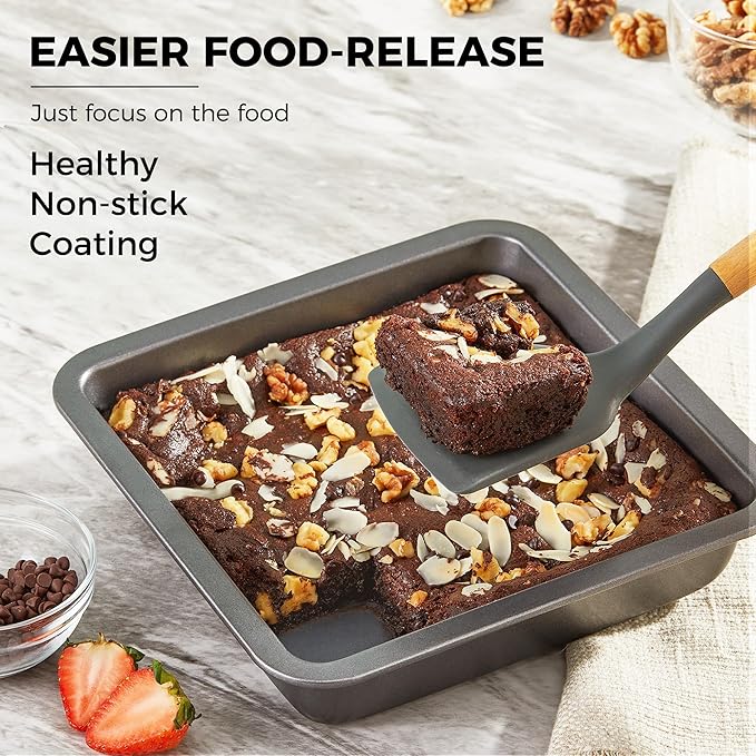 8x8 Cake Baking Pan Set, Nonstick Square Brownie Pans with Wider Grips, 2 Pieces, Heavy Duty, Grey