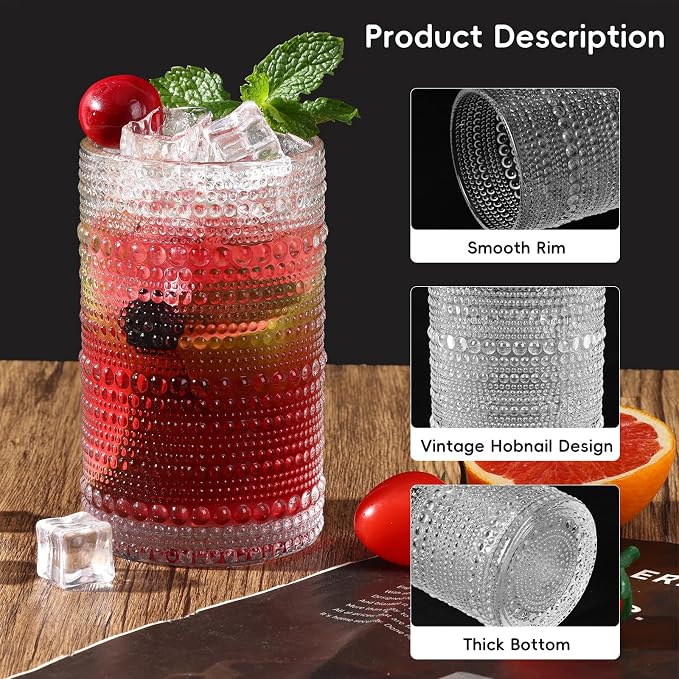 Moretoes 4 Pack Hobnail Drinking Glasses Set,Glass Cups | 12 Oz Highball Glasses & 10 Oz Cocktail Glasses, Kitchen Bar Tumbler Glassware Set for Whiskey, Beer, Juice, Milk