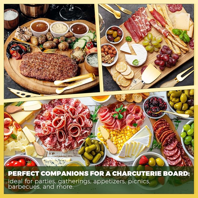 Charcuterie Boards Accessories Gold Charcuterie Utensils Cheese Butter Spreader Knife Set Small Serving Tongs Forks and Spoons Dipping Bowls Honey Dippers Toothpick Flags for Party Platter Making