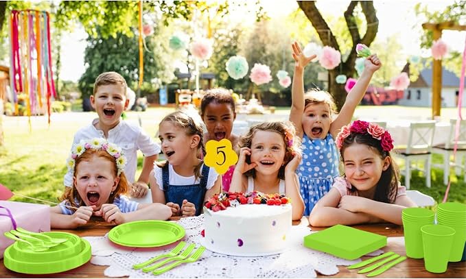 350 Pcs Lime Green Plastic Plates For Party, Lime Green Disposable Plates Set, 50 Of Each 9" Dinner Plate Set, 7" Dessert Plate, Cups, Napkins & Cutlery Plastic Dinnerware Set Exquisite