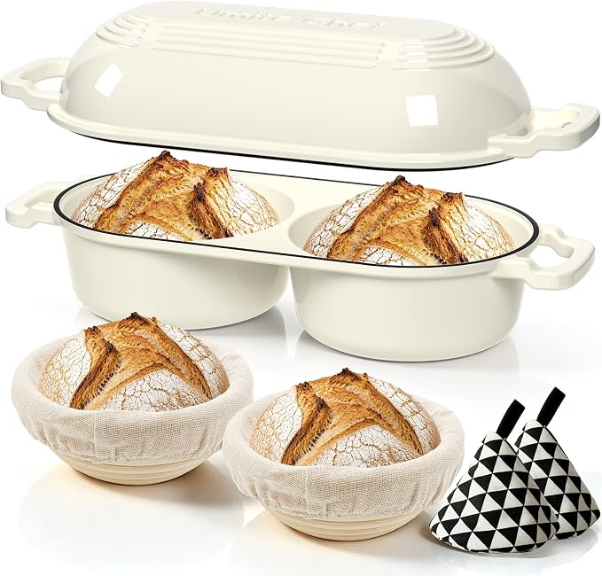 Dutch Oven for Sourdough Bread Baking - Enameled Cast Iron Dutch Oven Pot with Lid and 5" Banneton Bread Proofing Basket & Cotton Potholders, Dual Round Bread Loaf Pan for Homemade Bread, Meatloaf, Cake– (Cream White)