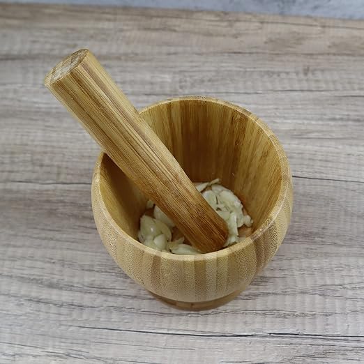EIKS Bamboo Mortar & Pestle with Lid, Seasoning Crusher Bowl | For Grinding Garlic, Spices, Herb, Ginger, Peppercorns, Sesame, Kitchen Tool