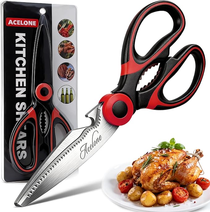 Kitchen Shears, Acelone Premium Heavy Duty Shears Ultra Sharp Stainless Steel Multi-function Kitchen Scissors for Chicken/Poultry/Fish/Meat/Vegetables/Herbs/BBQ… (Red black)