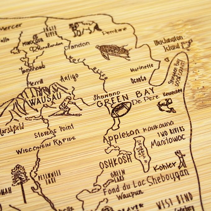 Totally Bamboo A Slice of Life Wisconsin Engraved Map Cutting Board | 11” x 8.75” charcuterie board with engraved state map artwork. Smooth reverse side for food prep. Hang tie for wall display.
