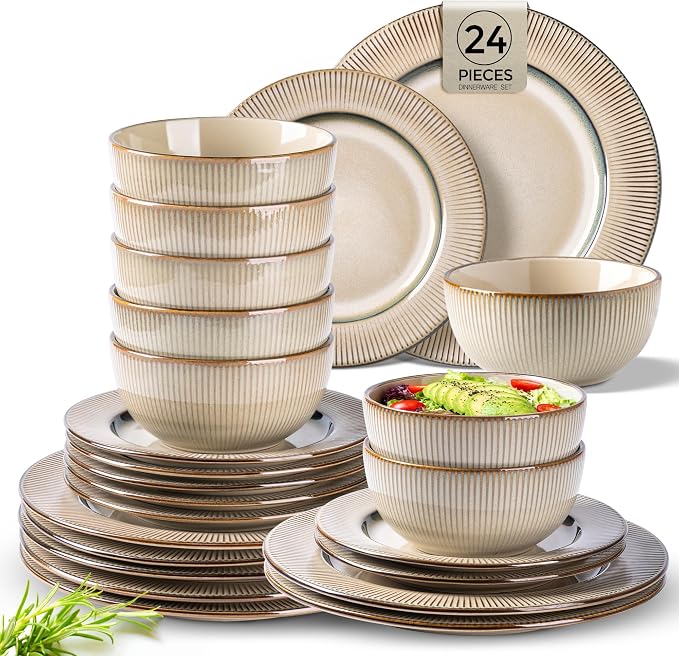 GBHOME Ceramic Dinnerware Sets of 8,24 pcs Plates and Bowls Sets Dishes | Embossed Elegant Stoneware Dishes Set | Dishwasher & Microwave Safe | Service for 4