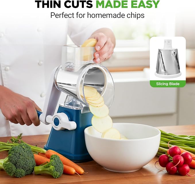 NutriChef 3 in 1 Cheese Grater & Shredder | Strong Suction Base, Rotary Handle with Safety Lock | Includes Hand Crank & 3 Drum Blades for 3 Textures, Fine, Medium & Strips | Blue