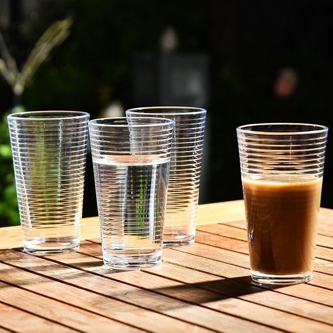 ALINK 16 oz Drinking Glasses, Set of 6 Highball Glasses, Ribbed Glassware Glass Cups, Water Glasses for Beer, Iced Coffee Cups, Cocktail Glasses, Wine, Iced Tea, Dishwasher Safe