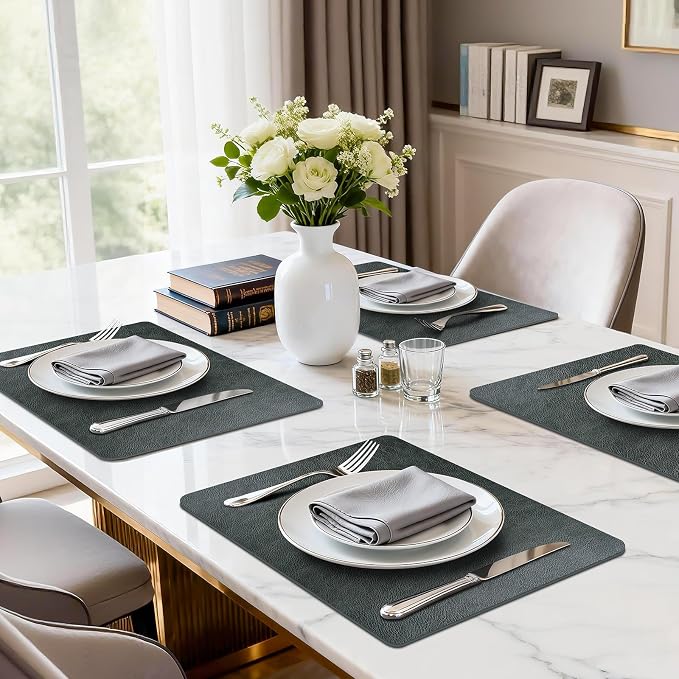 Faux Leather Placemats Set of 6 Heat Resistant Table Mats 17×12 Inch | Waterproof & Wipeable Place Mats Set of 6 Dual Sided Table Placemats for Kitchen Dining Indoor & Outdoor 43×30 CM Dark Grey