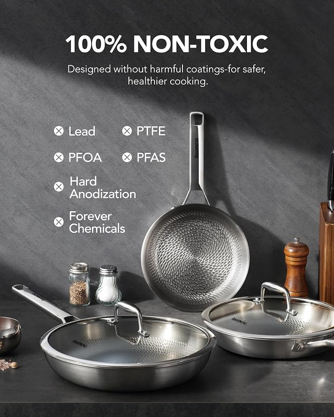 Titanium frying pan for cooking,8/10/12-Inch with Lid Bread Baking pan | PFAS/PFOA/PTFE-Free,Non-Toxic Pure Hammered Titanium Pro Pan,All Cooktop Compatible,Dishwasher & Oven Safe