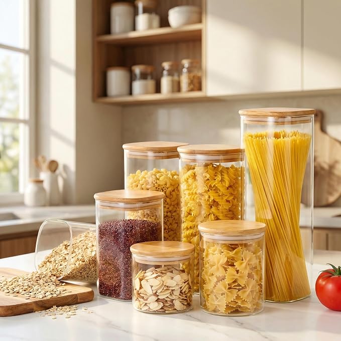 57 oz Square Glass Food Storage Containers with Airtight Bamboo Lids, 3Pack | Tall Pantry Jars for Flour, Sugar & Pasta, Durable Borosilicate Glass Canister Keep Food Dry & Fresh, Easy to Fill & Clean