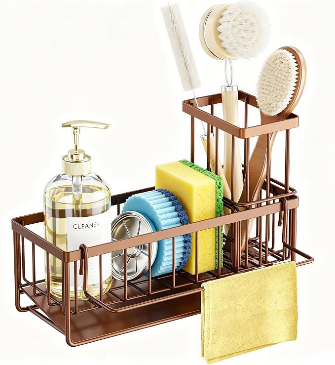 Slanted Sponge Holder for Kitchen Sink, Stainless Steel Sink Caddy Multi Sponge Holder, Small 9.65" × 3.74" × 6.3" Organizer for Apartment, Dorm, RV, Small Kitchen Countertop (Brown)