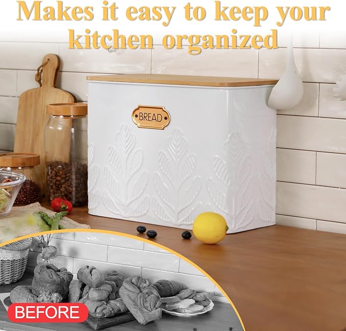 Extra Large Plant Pattern Embossed Bread Box with Bamboo Lid | Corner Breadbox for Homemade Bread, White Metal Bread Storage Container Bin for Kitchen Countertop, Fits 2 Loaves of Bread