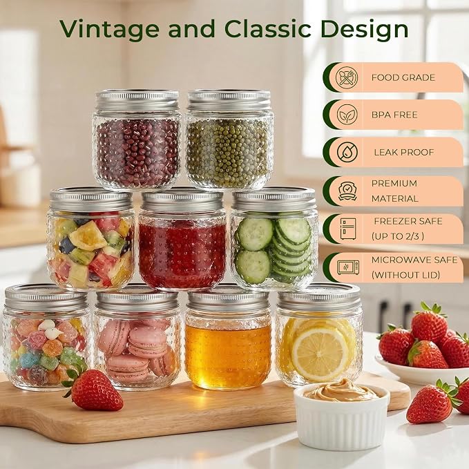 CycleMore 8oz Mason Jars, 30 Pack Dual Dot Jar With Silver Separable Lids, Tiny Glass Jars for Honey, Jam, Jelly, Wedding Favors, Kitchen Food Storage,