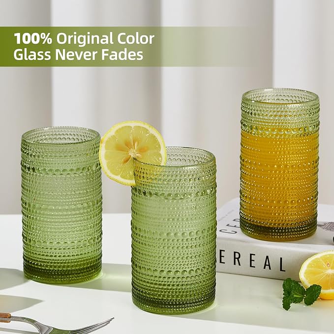 16oz Hobnail Drinking Glasses Set of 12, Vintage Large Capacity Embossed Green Tumblers, Highball Glasses for Water, Cocktail, Beer, Whiskey, Juice & Bar Use