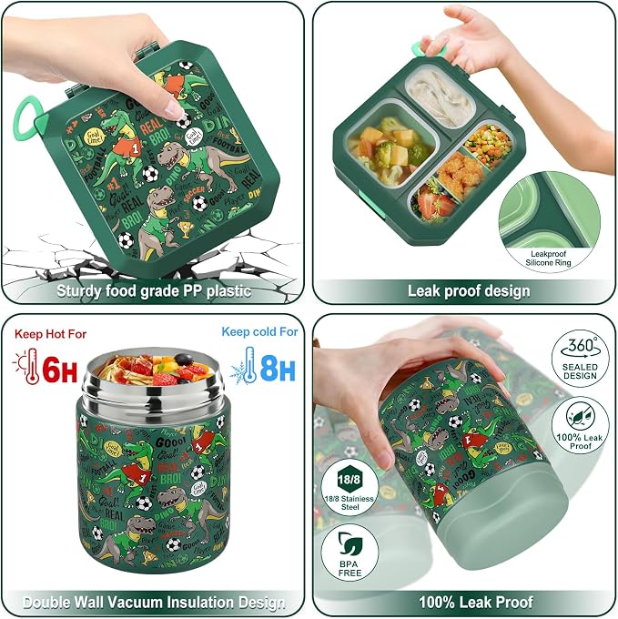 wiwens Bento Lunch Box for Kids with 12oz Soup Thermo Leak-Proof Lunch Food Container with 5 Compartment Thermo Hot Food Jar and Insulated Lunch Bag for Kid Toddler Girls Boys to School