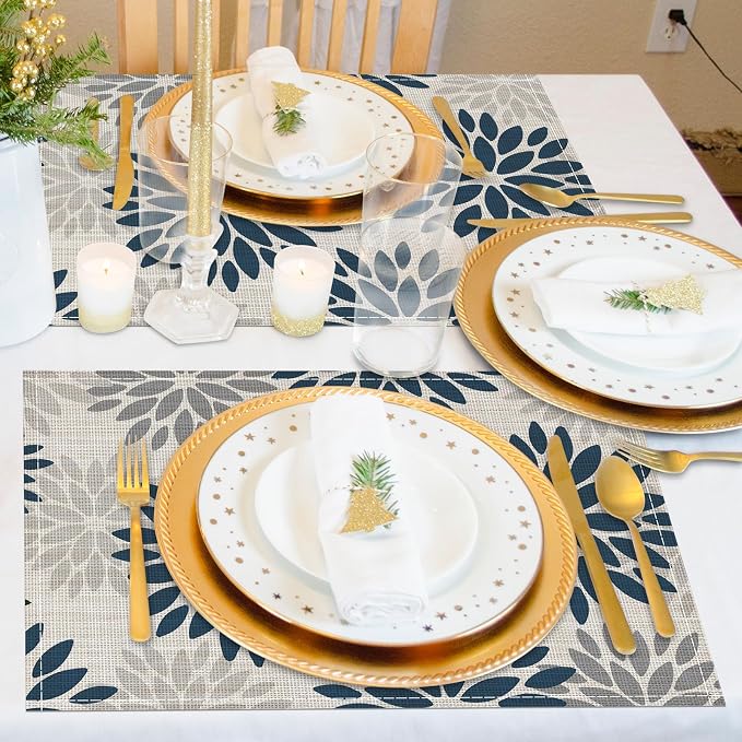 Dahlia Aqua Floral Pinnata Flower Placemats Set of 4, 12x18 Inch Washable Easy to Clean Heat-Resistant Anti-Skid Grey Placemats for Holiday Party Kitchen