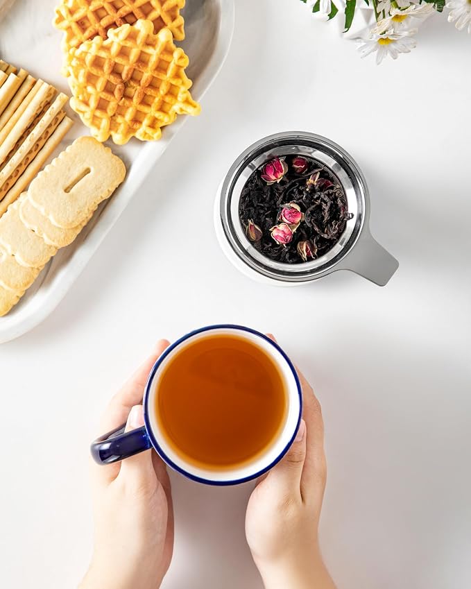 vancasso SELENE Porcelain Tea Mug, 18 oz Porcelain Tea Cup with Infuser and Lid Steeps Loose Leaf Tea, Microwave & Dishwasher Safe, Blossom Cluster