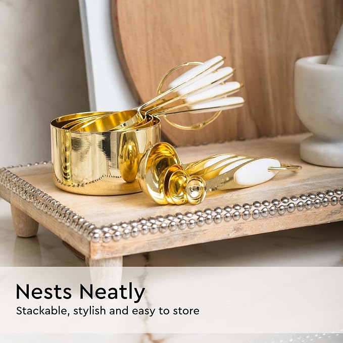 White and Gold Measuring Cups and Spoons Set – 8-Piece Stackable Stainless Steel Measuring Set – Stylish Gold Kitchen Accessories for Precise Baking and Cooking, Ideal Gift for Bakers and Chefs | Stainless Steel, 8-Piece Measuring Set with White Silico...
