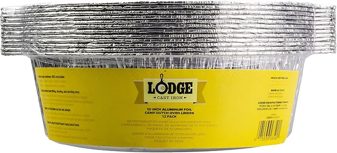 Lodge Silver 10 Inch Aluminum Foil Dutch Oven Liner - 100% Recyclable Dutch Oven Liner - Easy Camp Cooking Cleanup - 12 Pack
